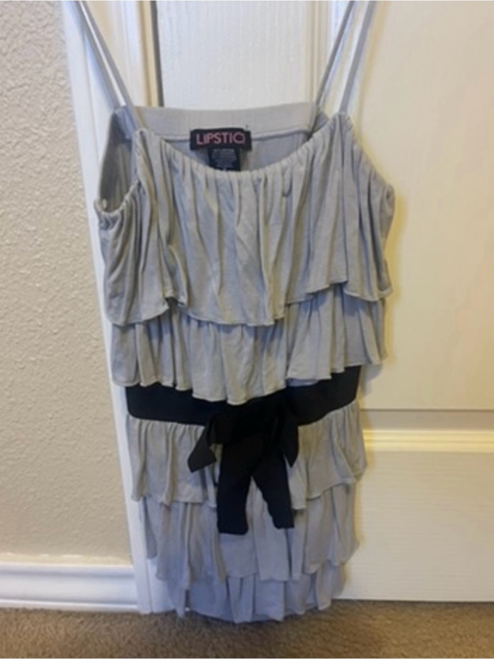 Lipstick Boutique Light Gray Layered Ruffle Cami with Black Waist Tie